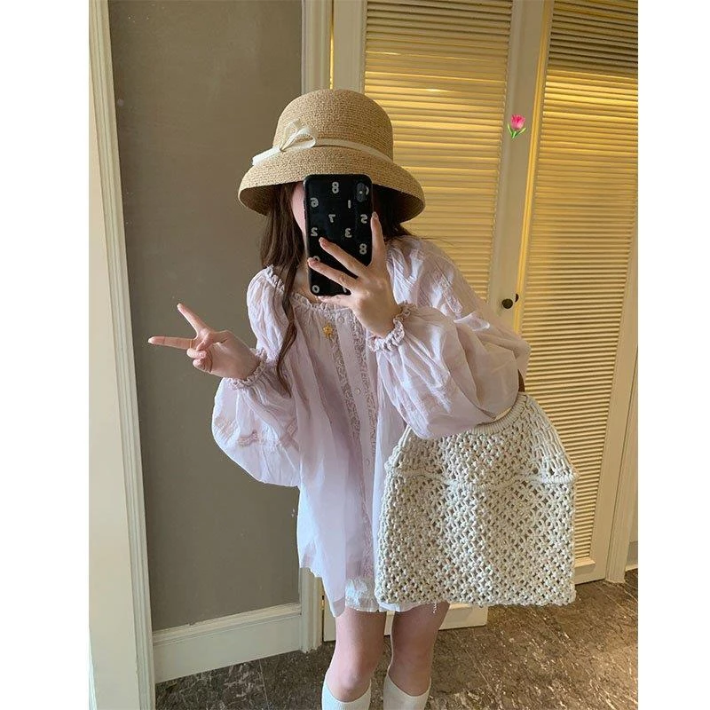 短款洋气蕾丝甜美感淡紫上衣薄款女飘逸小众浪漫圆领设计拼接显瘦