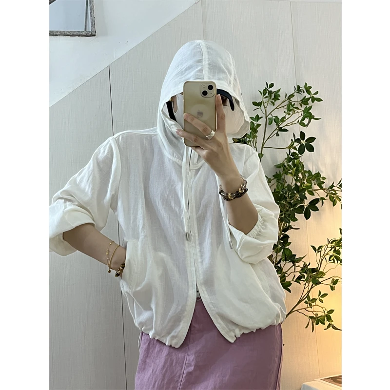 【203】高端天丝亚麻连帽外套宽松显瘦休闲帽衫双向拉链防晒上衣