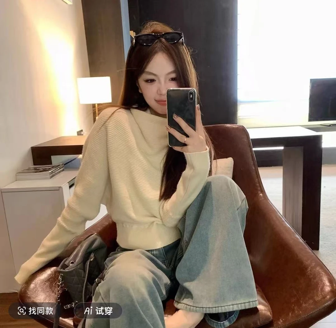 高级感堆堆领收腰毛衣女秋冬韩系老钱风蝙蝠袖针织衫内搭上衣A12