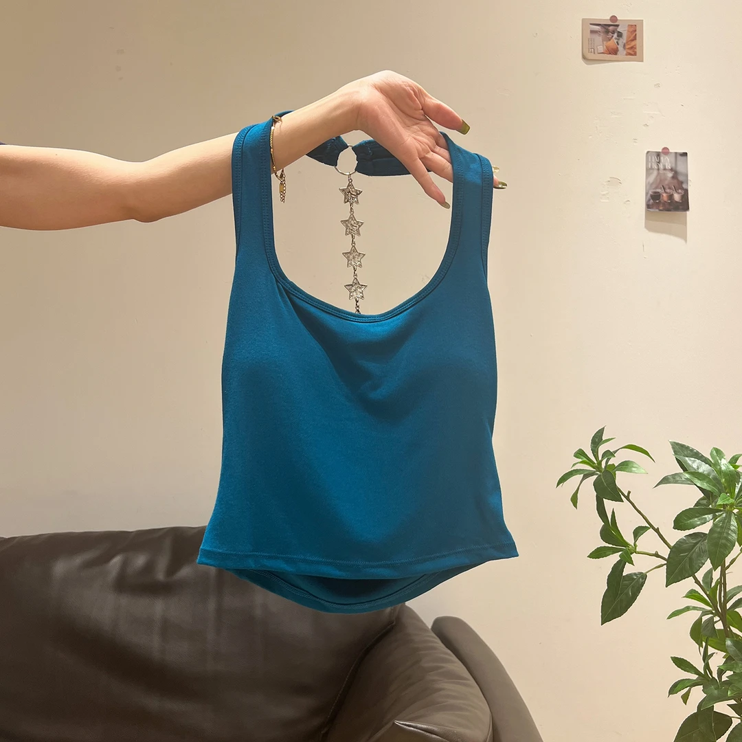 星星链条设计感挂脖小吊带背心夏季新款百搭纯欲后背镂空美背上衣