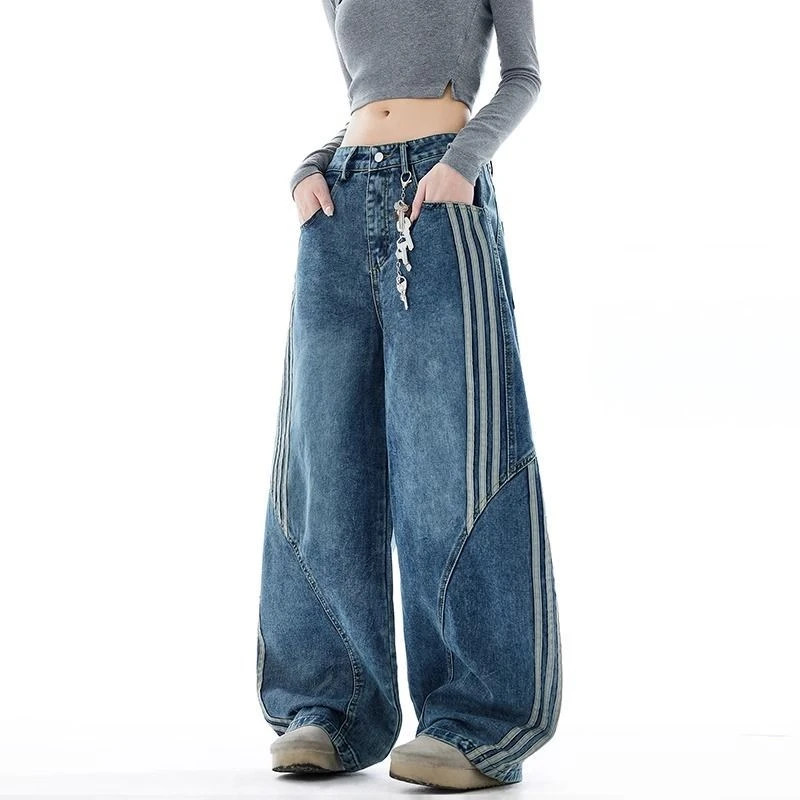 美式复古水洗条纹弯刀裤子baggy牛仔裤男女宽松百搭阔腿运动长裤