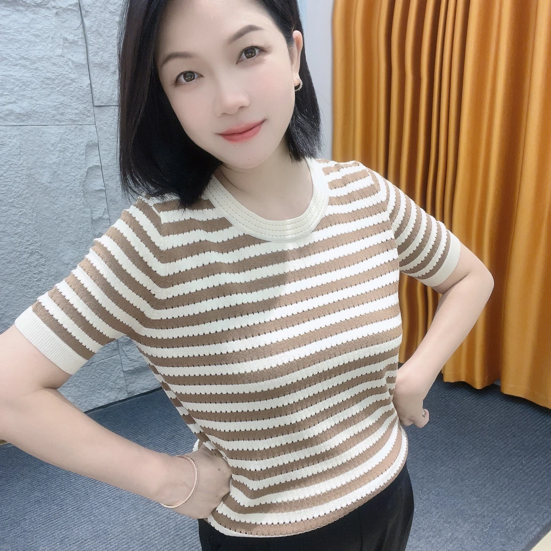 4430夏季新款【大米家女装】圆领条纹短袖挑条纹衫女款爆款新款