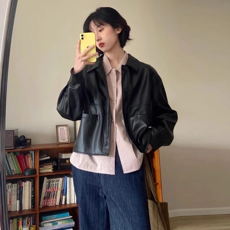 美式黑色复古皮衣女短款2025新款气质小个子休闲宽松pu夹克外套