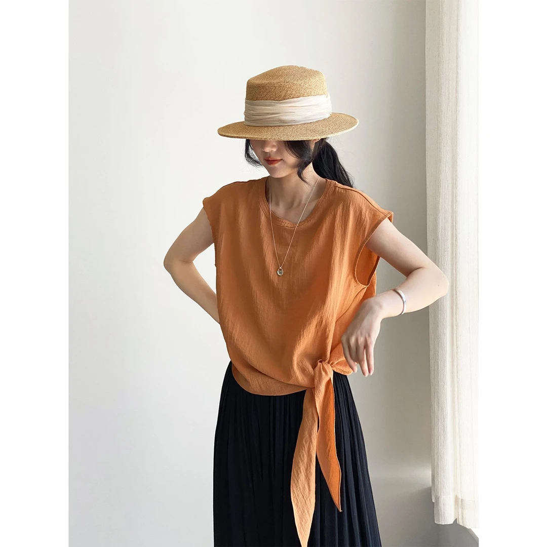 显白橘子！莫代尔轻薄舒适系带小衫女设计感不规则衬衫