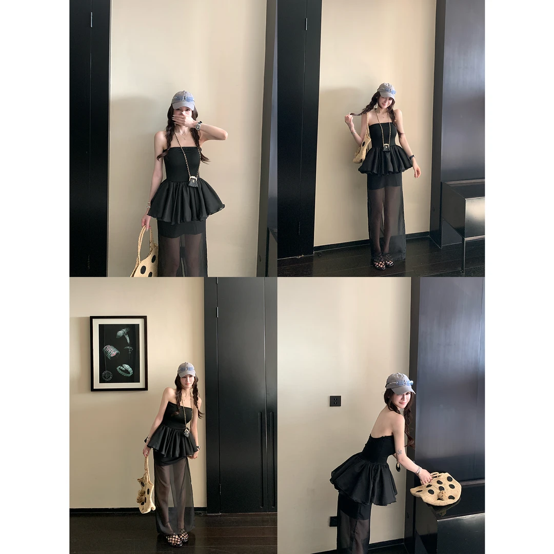 SKKStore 锦屏春水 法式设计感蓬蓬小裙摆拼接网纱修身连衣裙