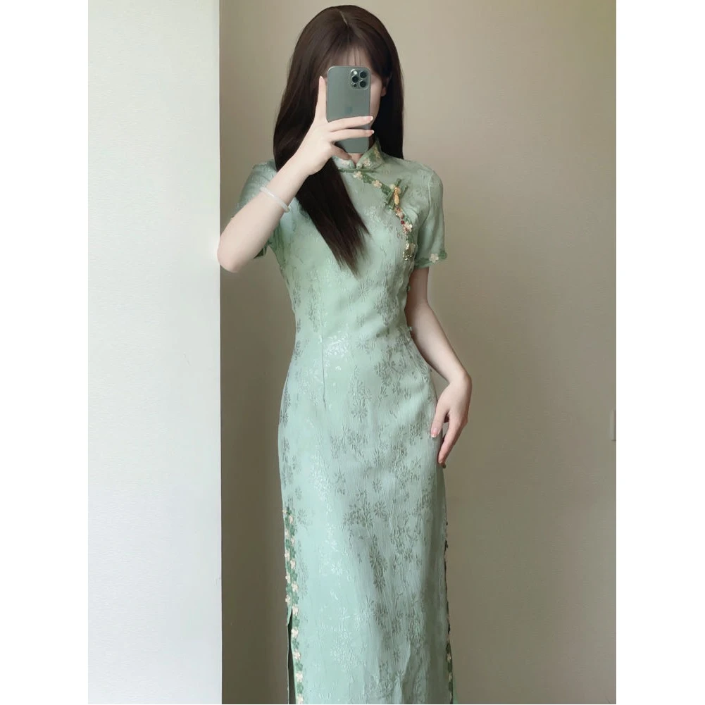 国风改良旗袍2025年夏季新款清新波浪裙绿色中长款新中式连衣裙