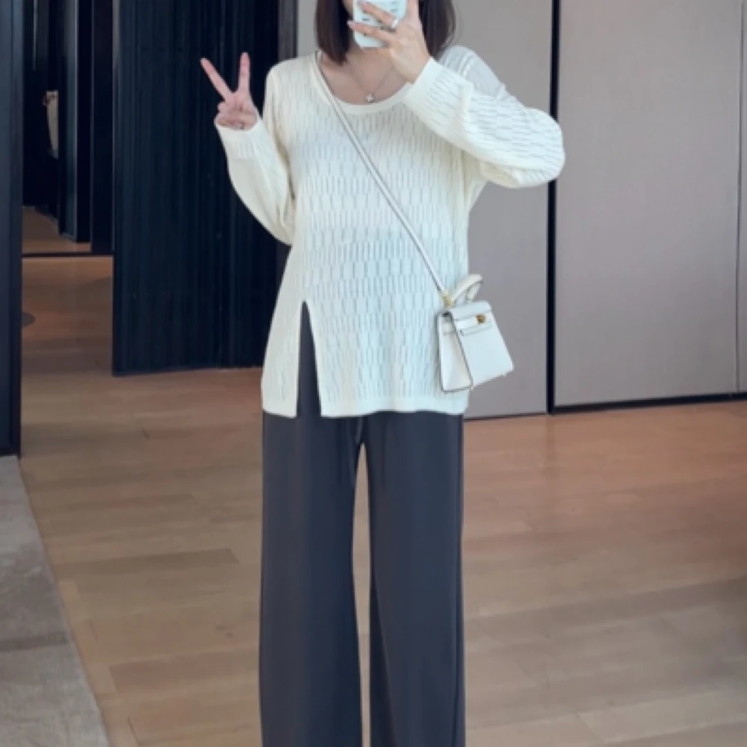孕妇开叉上衣镂空早春显瘦百搭长袖软糯针织衫