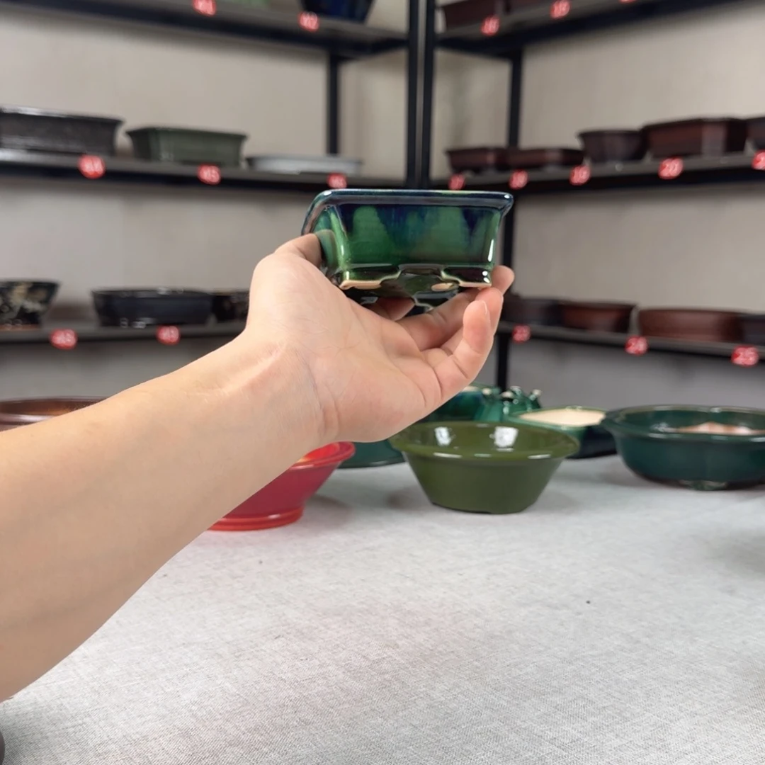 手工长方绿釉花盆