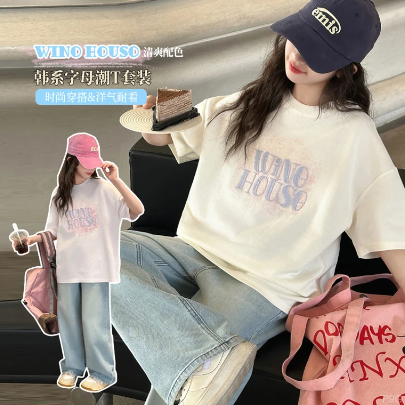 宽松t恤短袖洋气儿童中大童女童夏韩版2025底韩清爽印花季系打