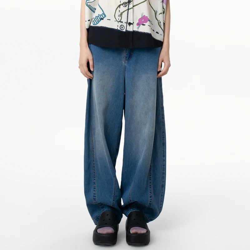 MOVEUP幻走2025夏季新款.FUN 松紧腰脚口褶位牛仔直筒裤325240310