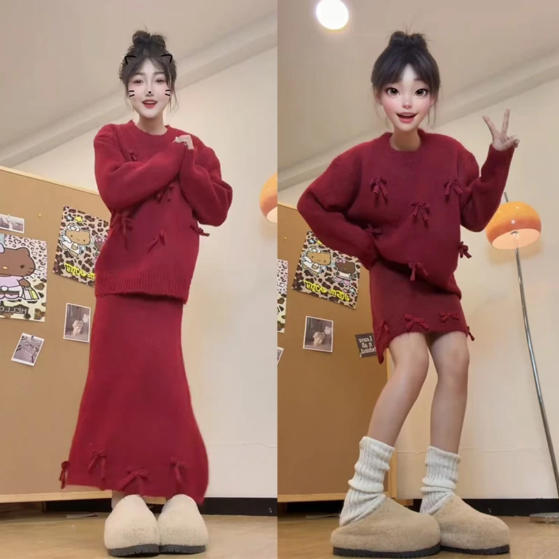 今年流行一整套2025年新款百搭圆领蝴蝶结针织上衣半身裙两件套装