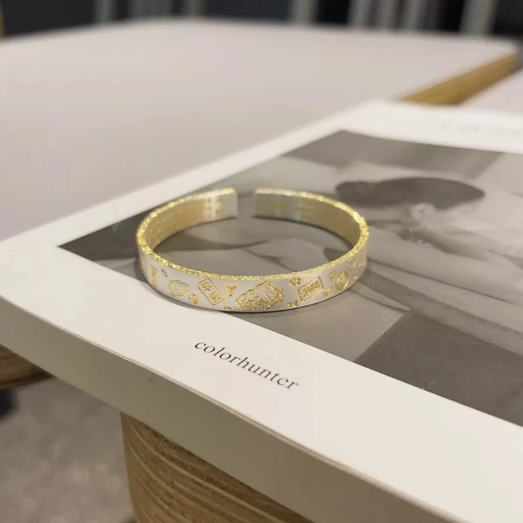 足银手镯 描金吉言开口 复古简约古风个性经典国风磨砂气质