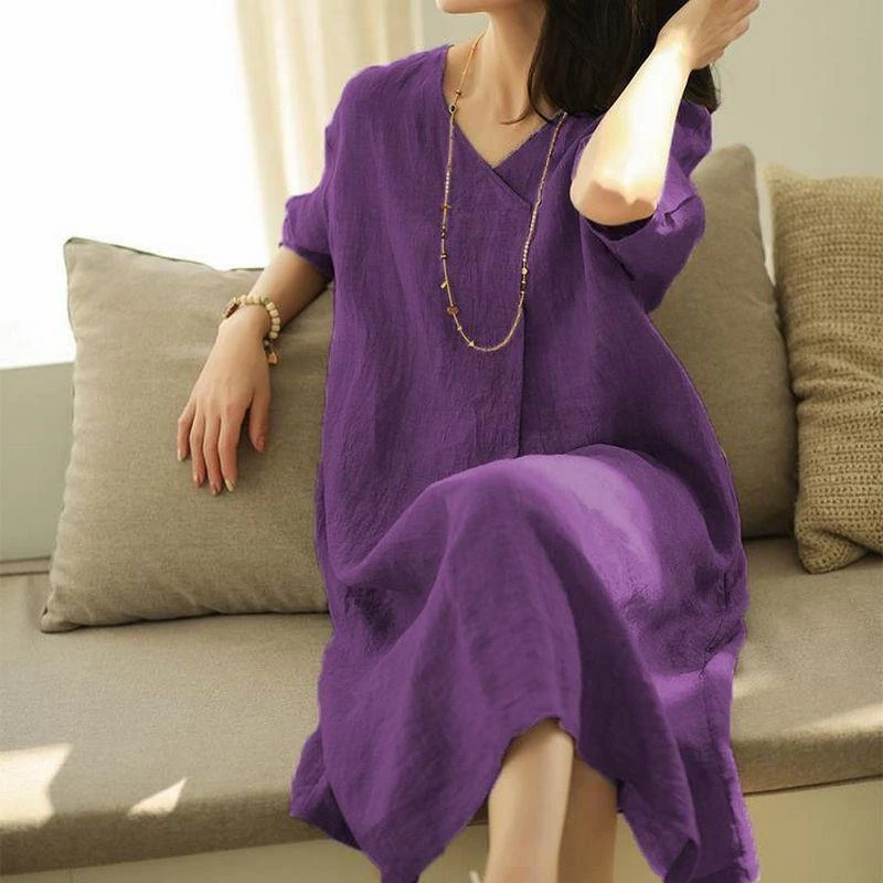 紫色夏季新款复古高端品质纯色手工刺绣大码显瘦短袖连衣裙柔软