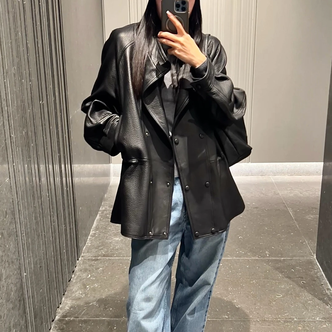 高端货源！进口绵羊泡皮女士宽松抽绳收腰双立领黑色真皮风衣外套