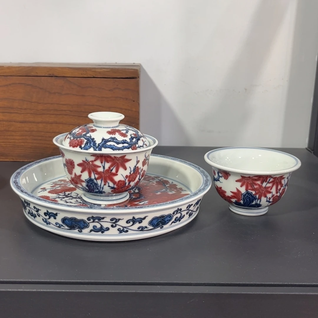 青花釉里红松竹梅三件套 可拆分