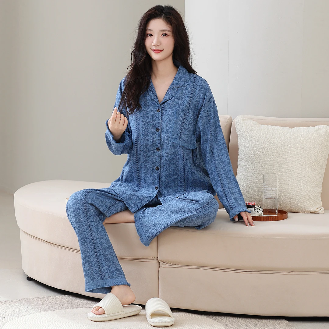 女可外穿长袖长裤睡衣家居服套装宽松秋冬套装翻领