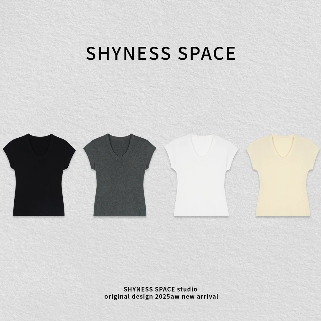 夏季修身型U领短袖ROW风老钱U领T恤设计感硬汉风小香风T恤HB358