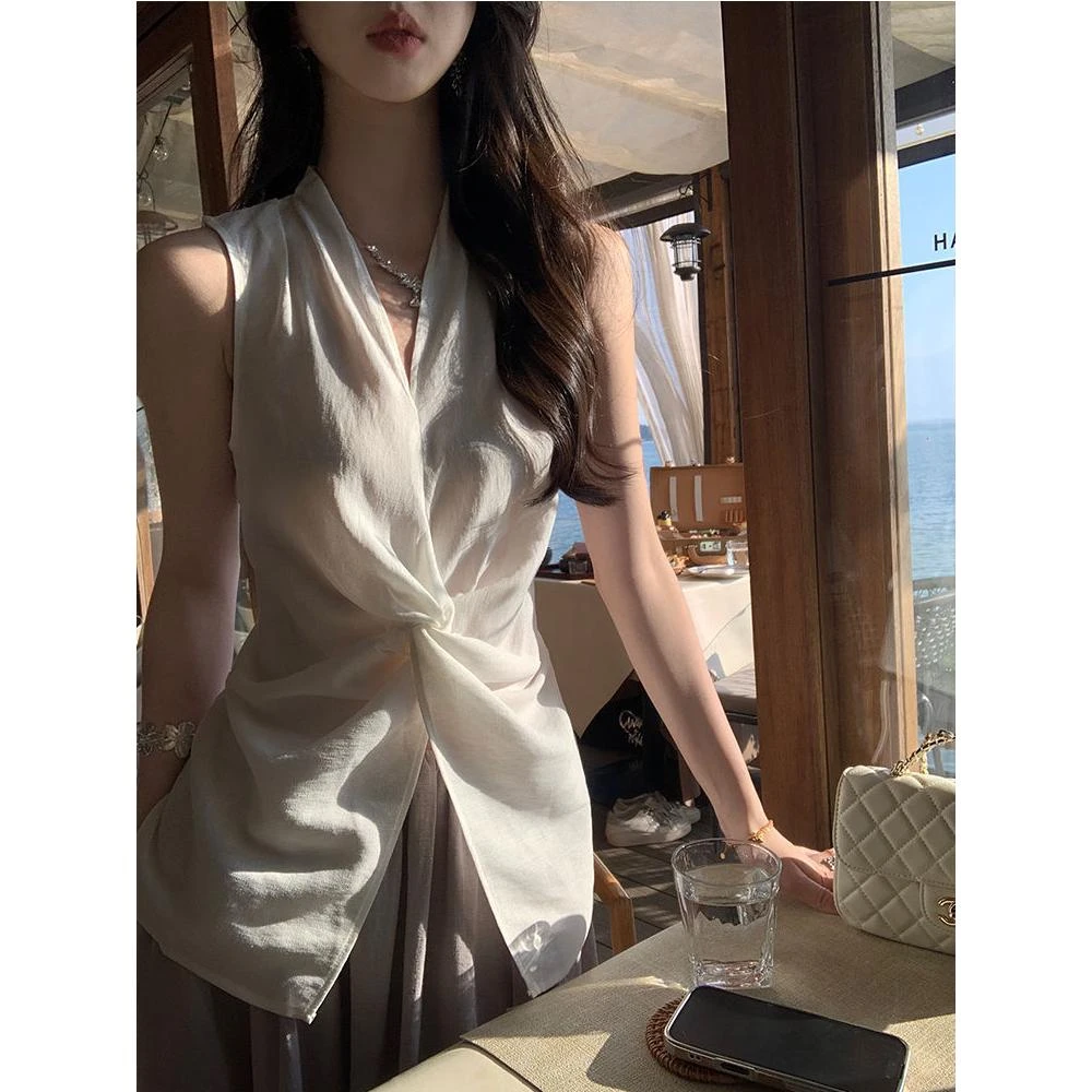【法式温柔】v领纽结无袖衬衫女夏季新款时尚高级修身显瘦小衫上衣