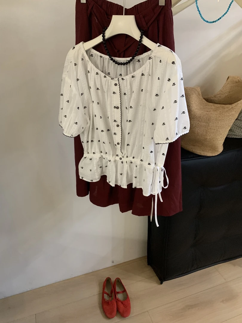 韩系圆领简约刺绣收腰短袖小衫上衣#2222