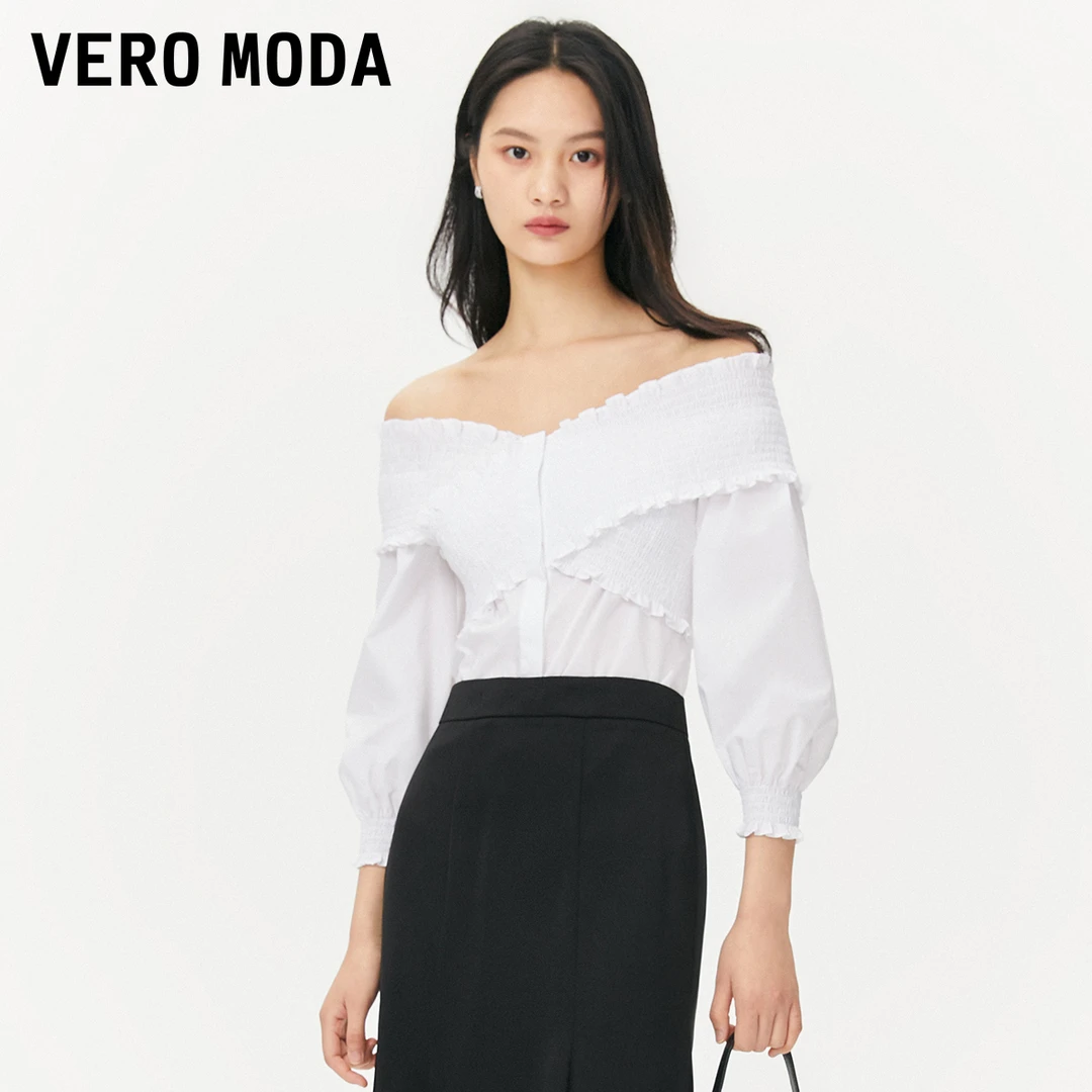 Vero Moda衬衫商场同款春夏季新款松紧一字V领七分袖324231013