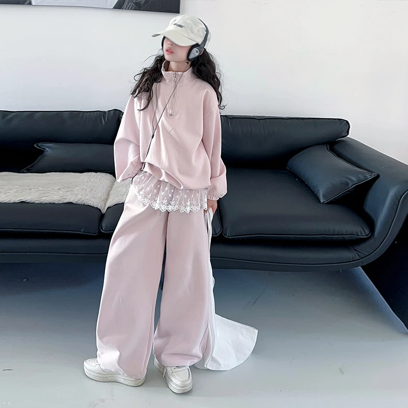 女童套装2025春季新款百搭套头卫衣蕾丝边休闲直筒裤两件套儿童潮