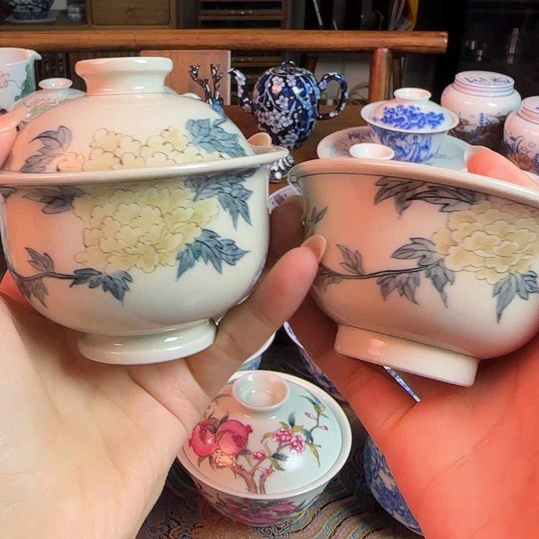 重工釉里金盖碗加杯子纯手绘