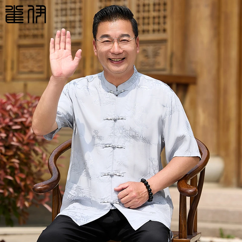 唐装男士中老年夏季薄款衬衫复古上衣爸爸休闲夏装短袖套装爷爷装