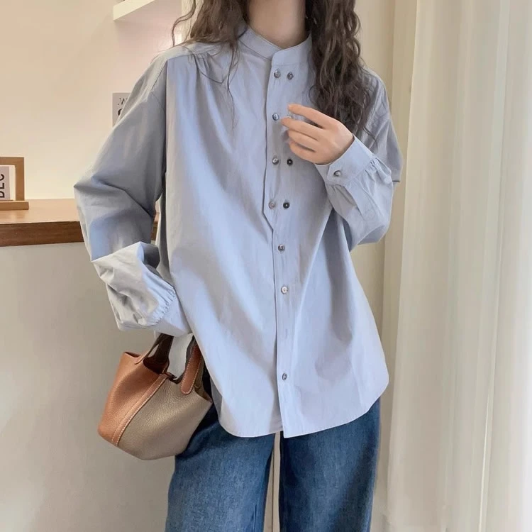 纯棉设计感双排扣圆领长袖衬衫女春装新款宽松显瘦气质不规则上衣
