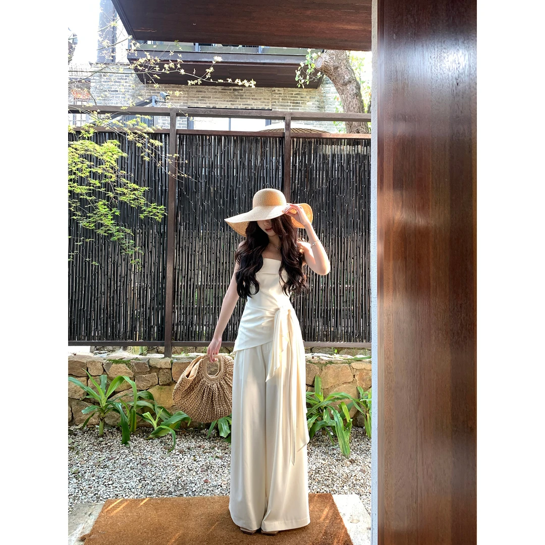 ICELOLLY【米兰假日】一字肩露肩抹胸上衣女春夏季休闲阔腿裤套装