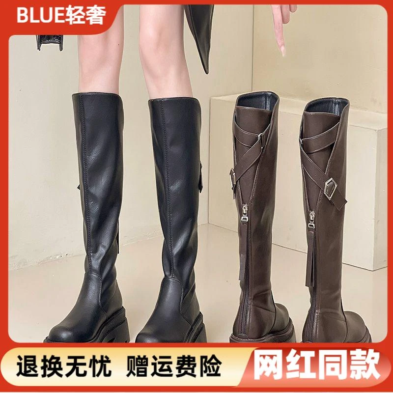 【新品热卖】弹力不过膝长筒靴子女秋冬新款后拉链厚底日常百搭软