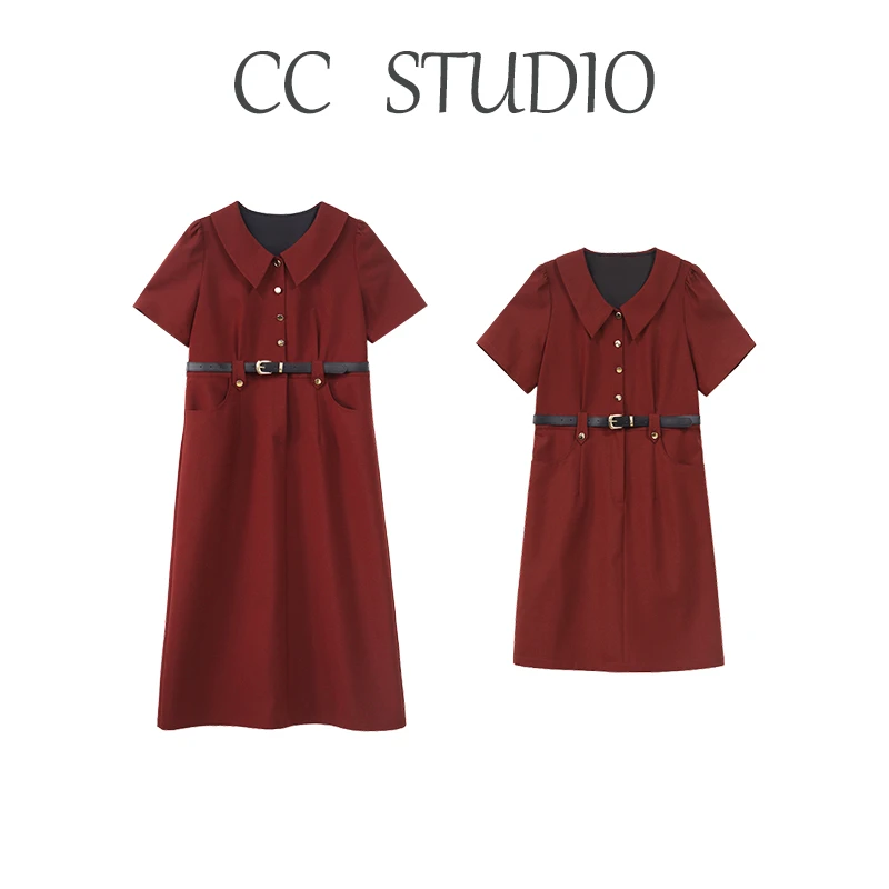 DM10175【港风滤镜】小翻领修饰颈部线条正肩小A裙摆连衣裙