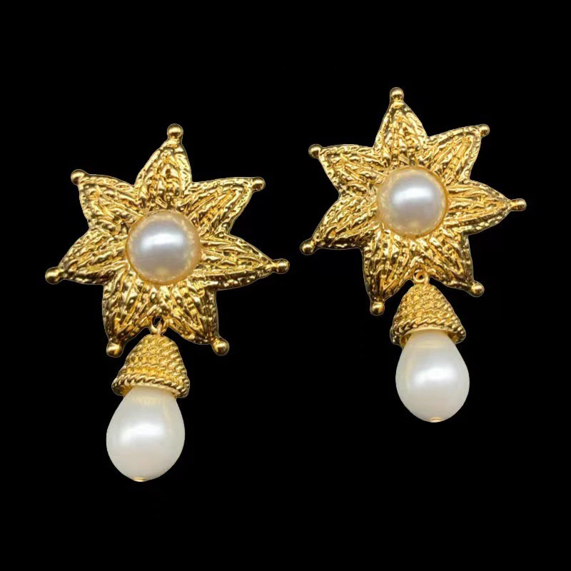 合金仿珍珠项链 欧美复古镀金珍珠花朵耳环耳坠小众高级感耳钉