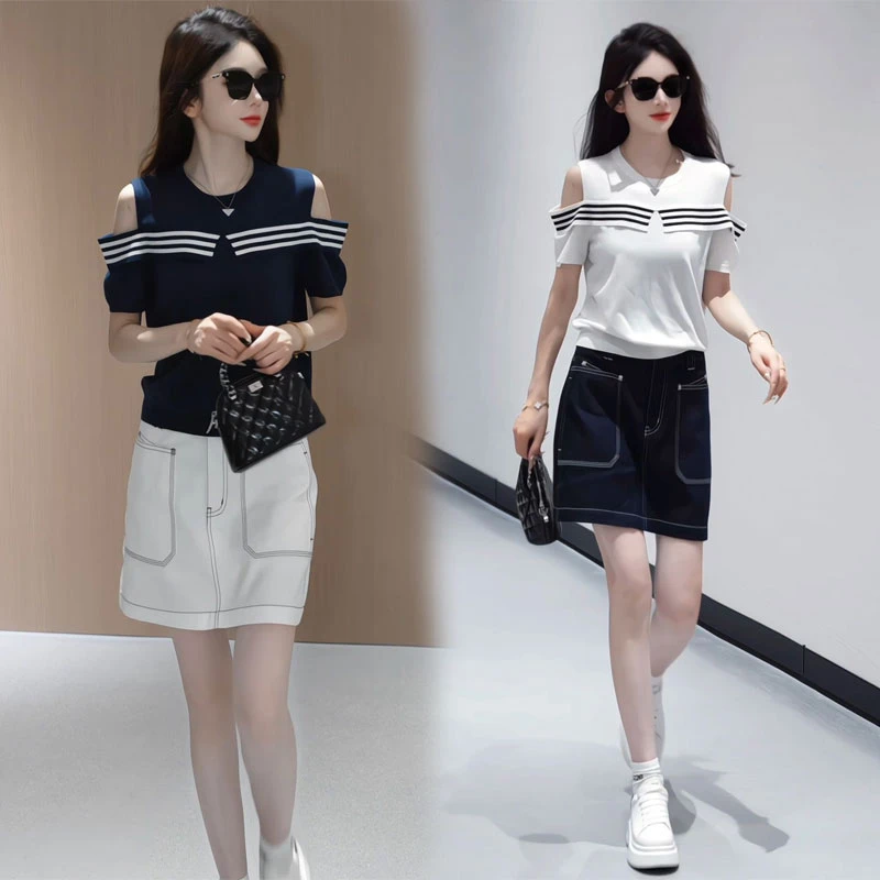 夏季韩版减龄露肩显瘦短袖上衣百搭高级感短裙子气质韩系两件套装