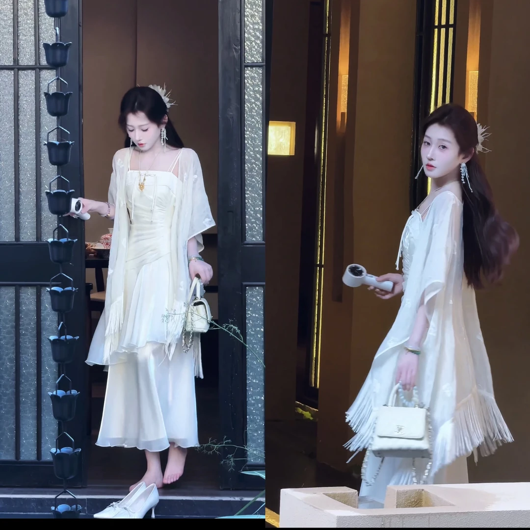 【婷婷】《盛世挽歌》高定 光泽感吊带裙流苏披肩套装 TTH2SX699【Q】