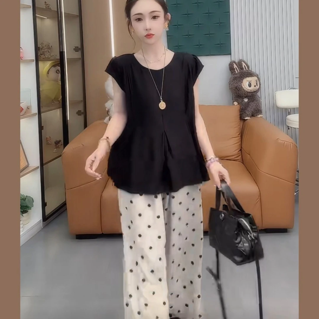 690夏季新款韩版时尚气质小飞袖衬衫上衣+波点阔腿裤两件套套装