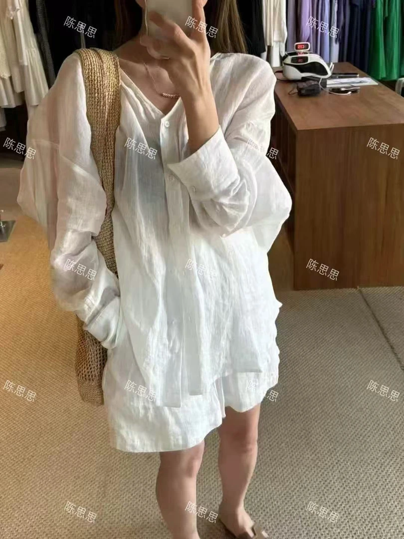 【上衣】极简Cleanfit天然苎麻料~陈思思女式无领上衣白色防晒衬衫