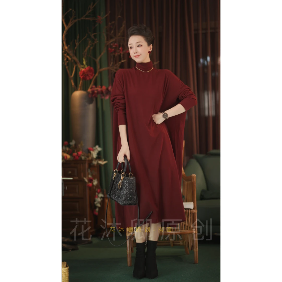 {花蕾原创}原创设计秋冬高领加绒气质休闲宽松慵懒风韩版连衣裙