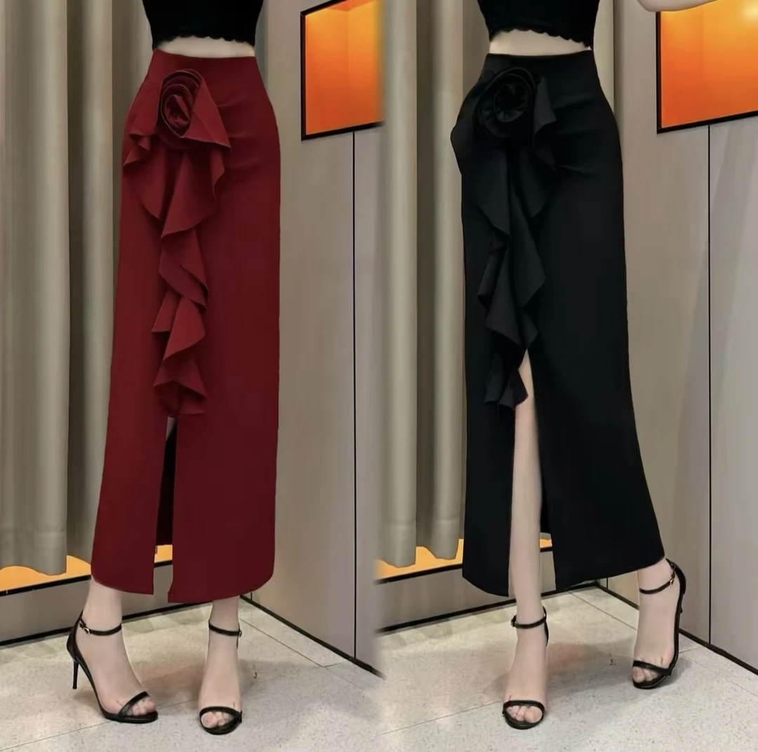 【都市玫瑰】夏季薄款开叉花朵半身裙后拉链时尚百搭修身显瘦气质女