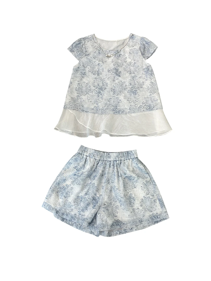 “南风谷”浅蓝提花套装短袖上衣+短裤精致小香风1883