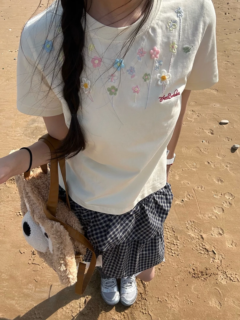 韩系正肩纯棉短袖T恤ins超火宽松辣妹显瘦百搭遮肉松弛感上衣女