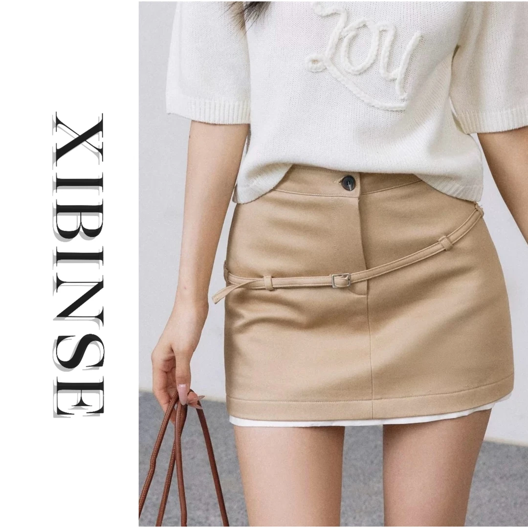 春夏新款 不规则系带 缎面边拼接包臀短裙半裙 显瘦气质百搭C2010