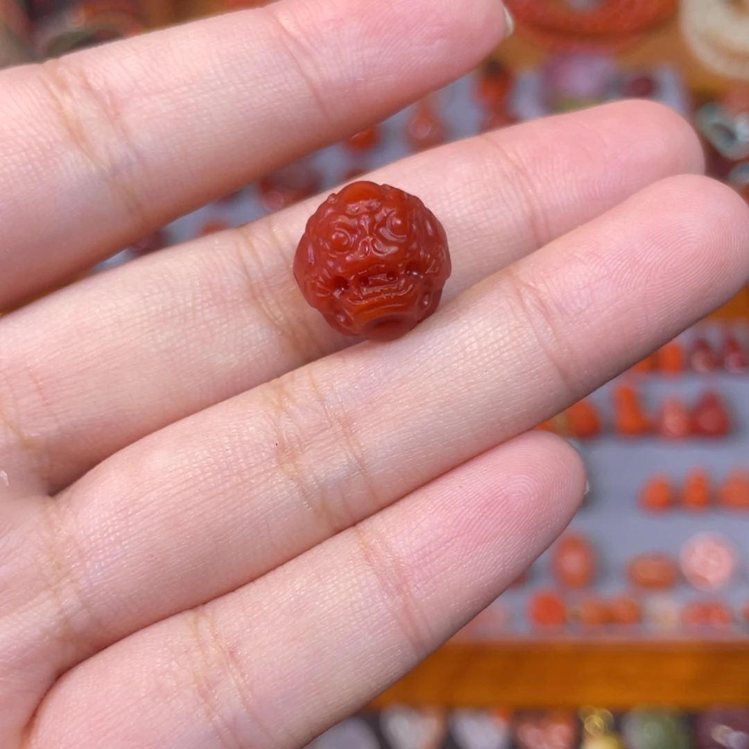 南红玛瑙未镶嵌貔貅圆珠卡14.5玫瑰红