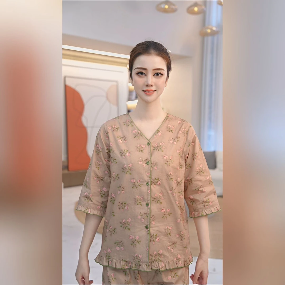 秋鹿RC梭织印花V领七分袖长裤女套夏季睡衣家居服