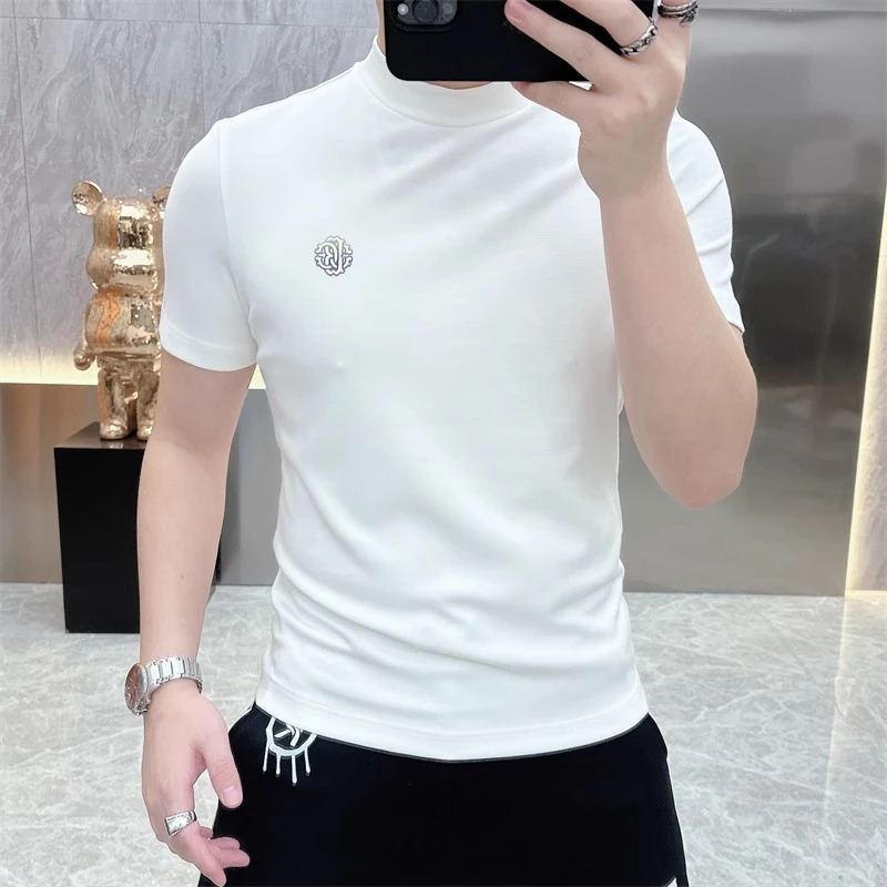2025欧货轻奢男士针织冰丝短袖T恤白色时尚百搭夏季半袖上衣潮007