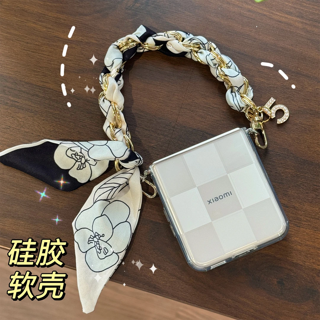 适用小米mixflip2手机壳新款Flip2透明软壳带丝巾手链斜挎保护壳