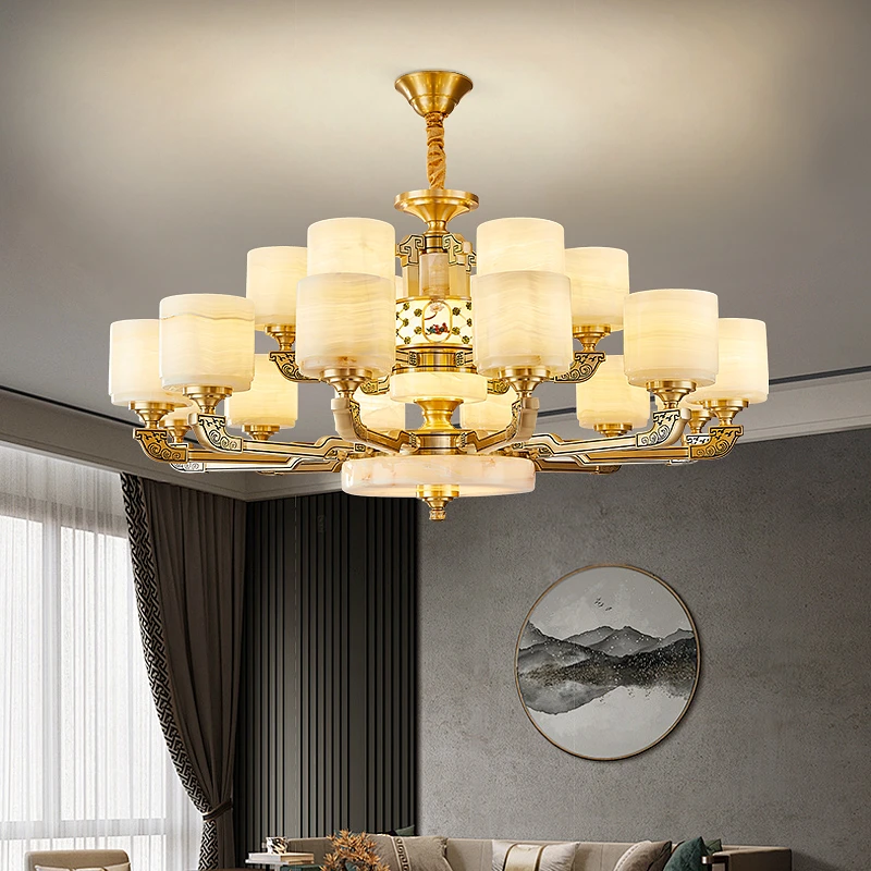 EYPHI/益菲全铜新中式吊灯玉石客厅灯高档大气别墅复式楼中山灯具