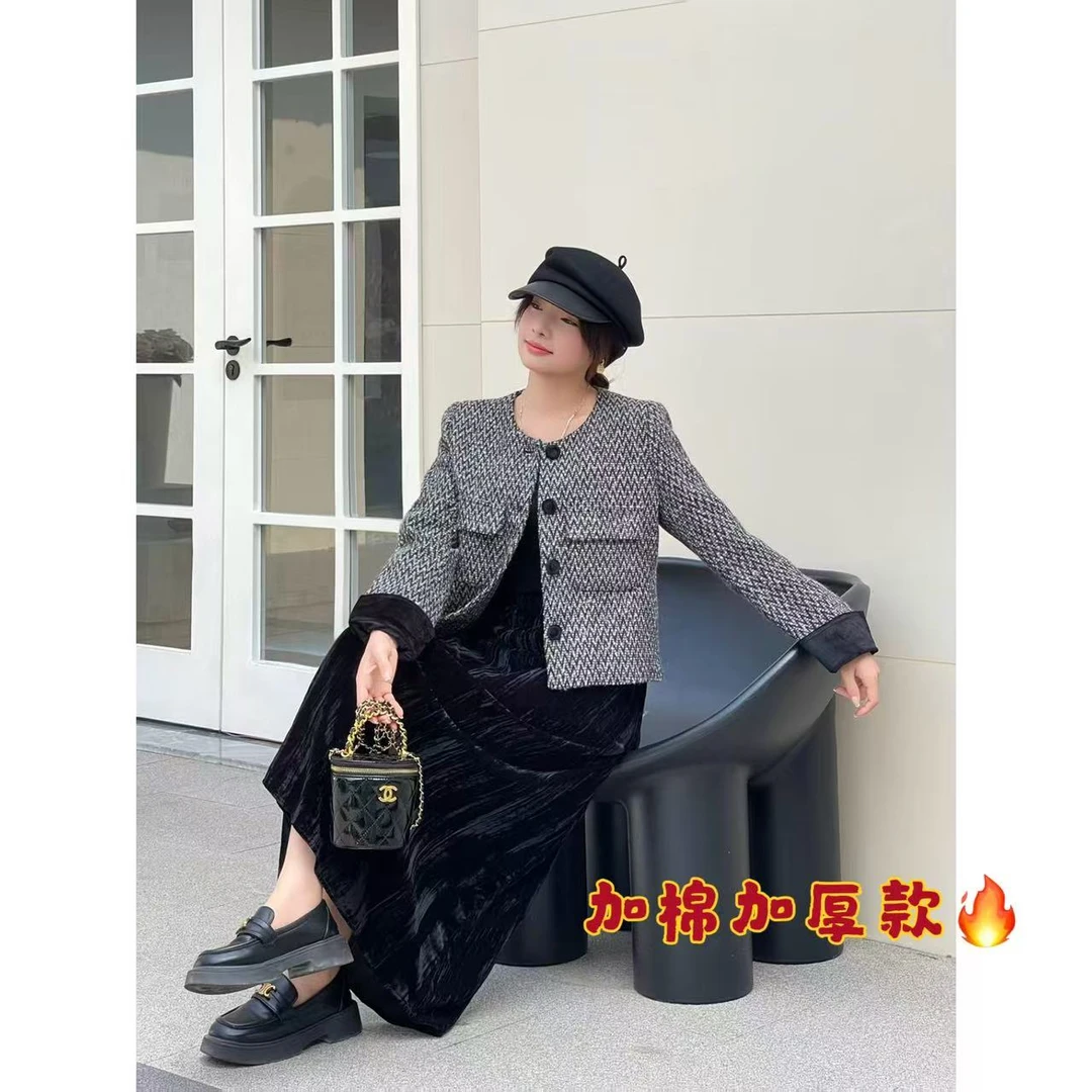 953#衣长50小香风粗花呢短外套女加厚冬季夹棉长袖百搭小个子上衣