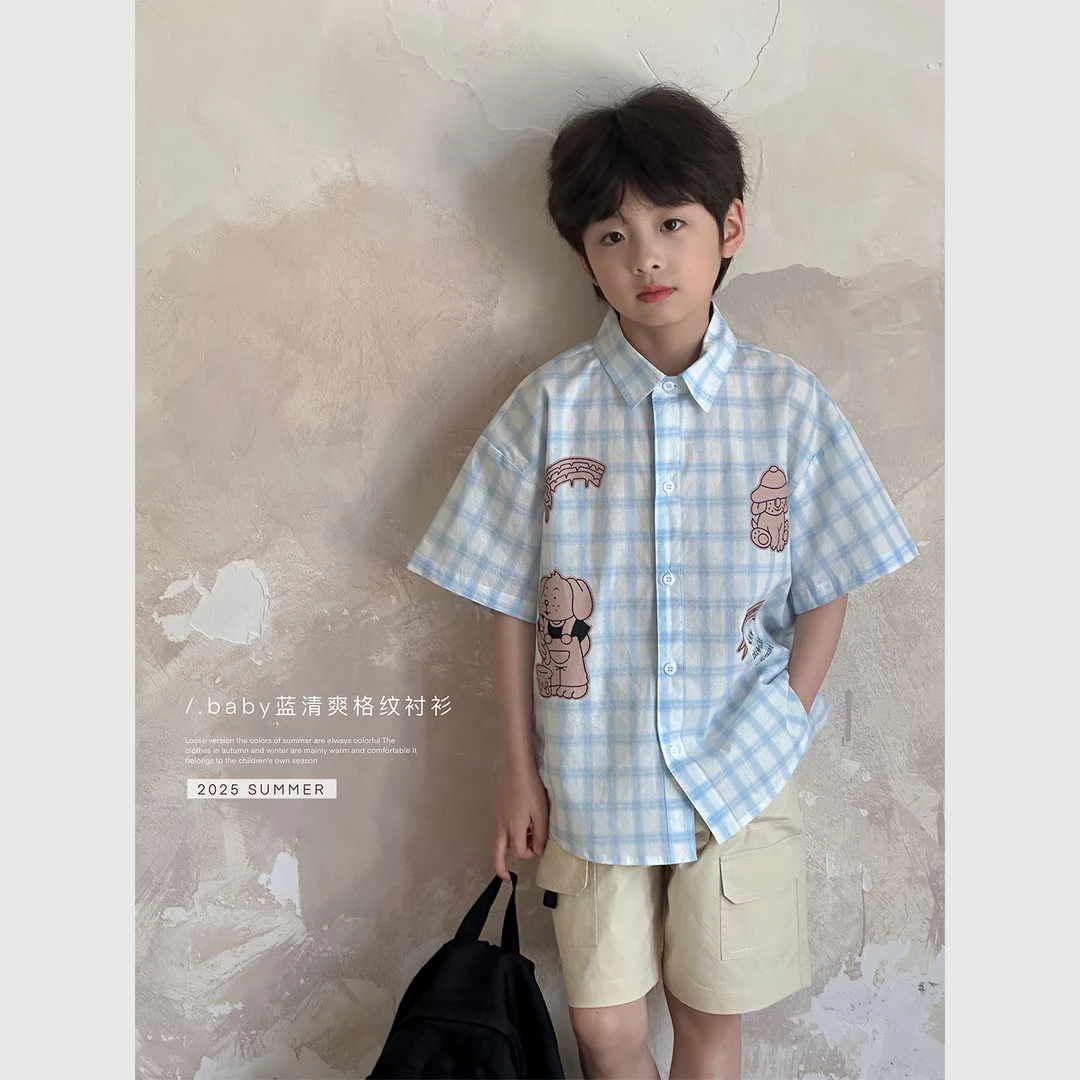 虾酱麻麻男童短袖衬衫夏装2025新款男孩上衣纯棉洋气卡通儿童衬衣