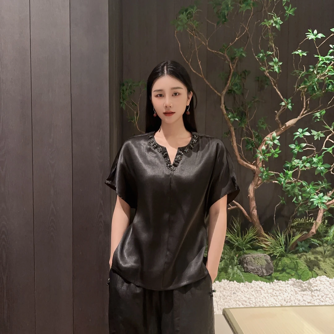 Betty Bairn【花信风 · 香云纱】老料桑蚕丝V领上衣25B-BW9968