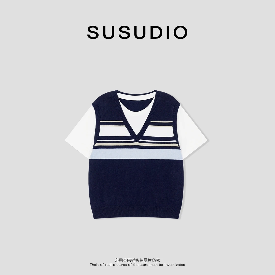 SUSUDIO 时尚条纹撞色圆领针织拼接假两件T恤10138